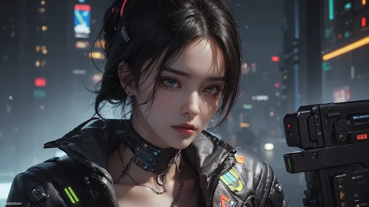 (masterpiece), (best quality), (very detailed), (1 person), (cyberpunk), future city background, detailed eyes, Detailed nose, Detailed lips, perfect face, perfect body, revealing clothing