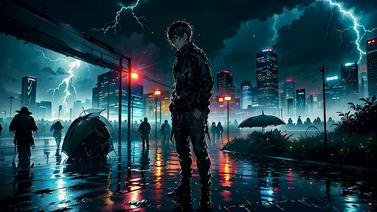 One boy,13-year-old boy、Wet body、Cyberpunk Boy、The adventure begins、(Soaking wet:2)、(lightning:1.5)、Cloudy,濃いfog、fog,It was chaotic. city of the future、Movie dystopia、A group of very tall skyscrapers stands in the center、Highly complex cityscape,Crowded Ch...