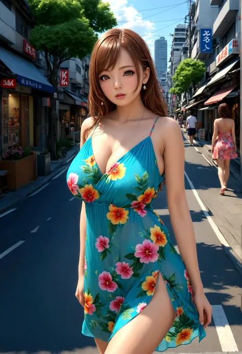 A lovely woman in a sheer brightly colored summer dress, carefree and flirting, low traffic sidewalk in Tokyo, (best quality,4k,8k,highres,masterpiece:1.2),ultra-detailed,(realistic,photorealistic,photo-realistic:1.37),beautiful detailed eyes,beautiful det...