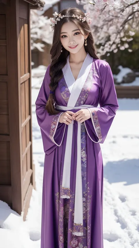 Bright Purple Taoist Robe, Hanfu long skirt, Big eyes, A masterpiece, an absolute beauty, 1 female, close. close, Healing Smile, Snow Scene, 4K quality, Twisted braid, Princess Hairstyle Princess Cut, Simple hair accessories, Plum blossom, people々Once you ...