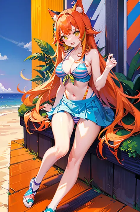 anime style,hyper cute girl wearing bikini,(((((Seven stripes, seven colors of stripes))))), (((red, orange, yellow, green, blue, indigo and purple)))