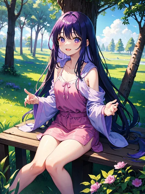 blue sky、forest、Sunshine、One girl、Big Eyes、Purple Hair、long hair、Sitting on a big tree、Pink camisole、hoodie、Chuck open、Smile with your mouth closed、Cowboy shot masterpiece、Highest quality