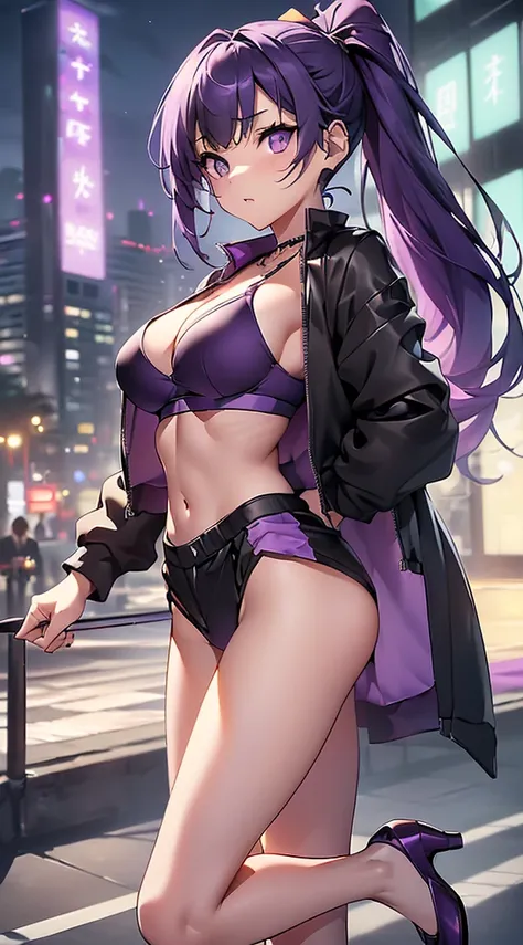 top-quality、Top image quality、​masterpiece、girl with((18year old、Best Bust、big bast,Beautiful purple eyes、Breasts wide open, Purple ponytail、A slender、Large valleys、Purple Sports Bra、Black jacket,Purple shorts,Red high heels、Reflecting the whole body、Purpl...