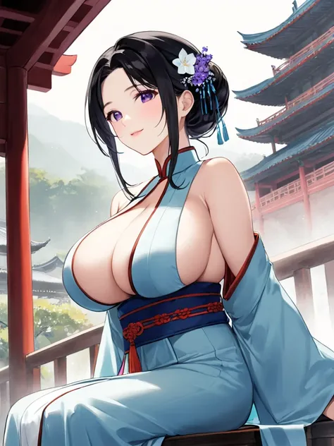 (masterpiece, best quality:1.2), 1 woman, Hanfu, （Dress conservatively：1.3）, (delicate and beautiful face:1.8), mature, laugh, black hair, hairpin, purple eyes, seat, beautiful bridge, (ink stain) beautiful portrait, clothing ink style, traditional china p...