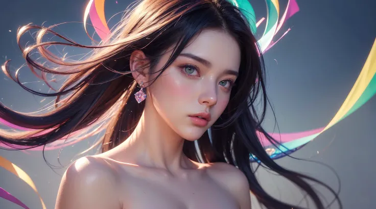 floating female figure made of ribbons, smoke, Semi shoulder colorful and vibrant, mystical colors, contemporary impressionism, yanjun cheng portrait painting, iridescent painting, 3/4 perspective view, cute face, low angle, sweeping circling composition, ...