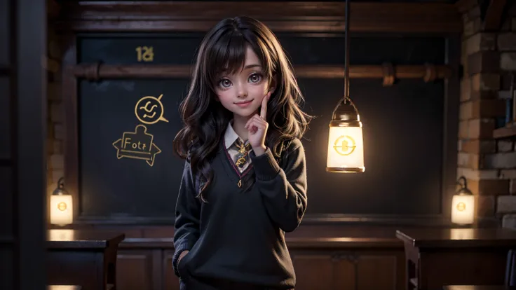 cute smiley face girl, lighting on face,  full bright face, with standing pose, in harry potter classroom, harry potter classroom