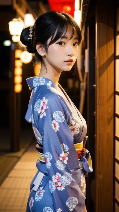 (8K, Realistic, RAW Photos, Highest quality: 1.4, detailed),Japanese idol-style beautiful girl,1 person,18-year-old,(Black Hair),Hair is in a bun,Large, clear grey eyes,Long eyelashes,(piercings(small)),(Lip gloss),lips(Plump,glossy),thin long neck,Thin an...