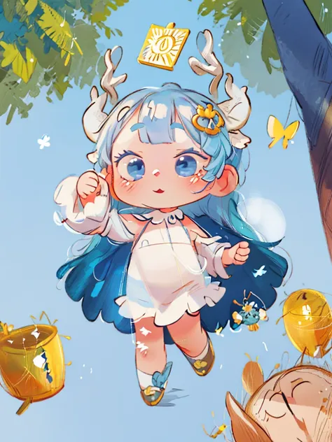 tarot, gold BORDER, celestial, chibi, masterpiece, best quality, extremely detailed, detailed background, detailed face, 1girl, full-body, solo, pale skin, LONG blue hair which each strands were being lifted up by butterflies, deer ears, white deer horns, ...