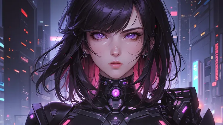 (masterpiece), (best quality), (very detailed), (1 person), (cyberpunk), future city background, detailed eyes, Detailed nose, Detailed lips, perfect face, perfect body, revealing clothing, Face and upper body expression, left