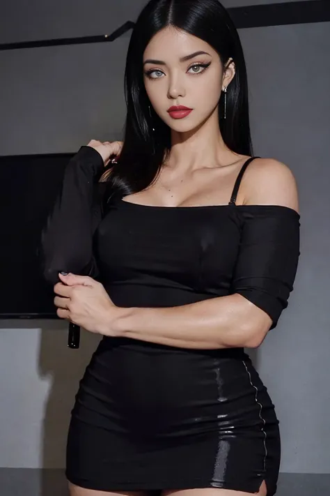 4k-ultra clear、highest quality, Artwork, Ultra high resolution, (Reality: 1.4), hot girl, sexy eyes, Off-shoulder sweater dresses, cinematic lighting、purple and black hair、(My girl、makeup goth、My makeup)、(Pierced ears、Big breasts、Oversized black open-shoul...