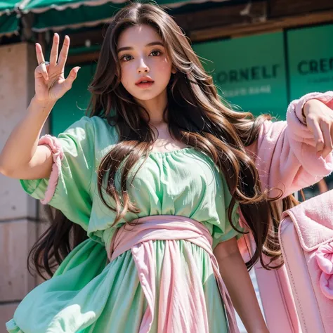 wavy long hair, brown hair, 1girl, emerald eyes, waving with two fingers, pink lips, pastel green dress,