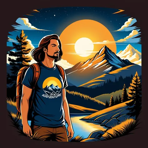 print ready vector t-shirt design, adventure scene with explorer, with beautiful nocturnal sun and mountain in the background, clean white background, professional vector, full shot, 8K resolution, deep impression illustration