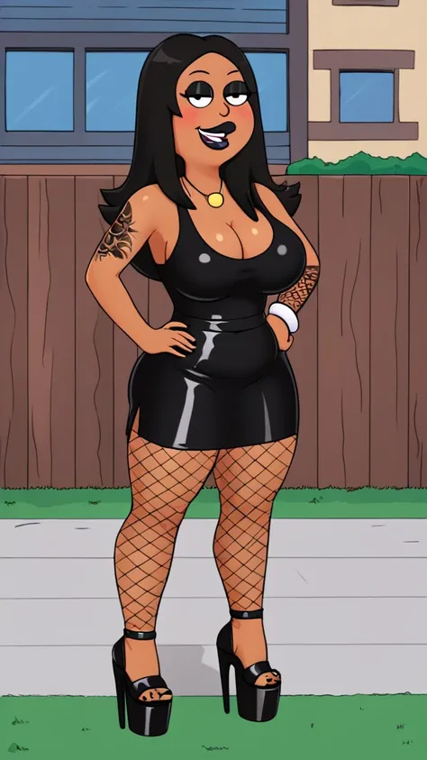 francine, flat color, black hair, 1girl, long hair, white braclet, extra large breasts, dark skin, solo, necklace, cleavage, black goth clothes, black lips, nsfw, standing, looking at viewer, outdoors, full-body, smile, blushing, open-toe platform high hee...