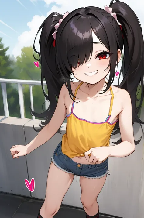 1girl,solo,,looking at viewer,tokisaki kurumi,black hair,(((hair over one eye))),very long hair,,red eyes,,low twintails,,spoken...