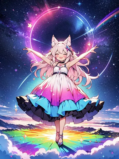 Anime style,lolishota,wolf ears tail,rainbow 7colors gradation stars glitter shining glowing prism Aurora Borealis Glimmering dress,Flying into the sky, shining like a goddess, she is truly divine,Spread arms horizontally,laugh,