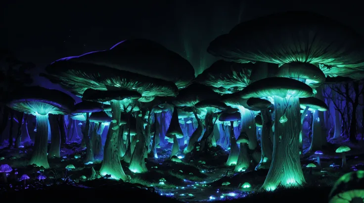 [by Junji Ito], dark horrorscape, [detailed shadows], [veins], (bioluminescent mushroom forest), 1girl, gigantic cosmic eyes, streaming tears, spiraling fungus, HDR