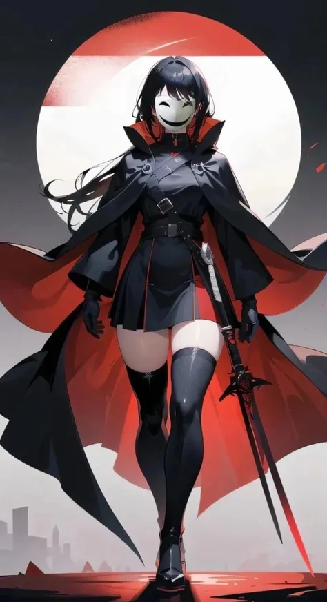 A black-haired girl wearing a white mask，holding dagger in hand，Can&#39;t see the facial features at all