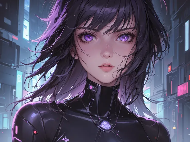 (masterpiece), (best quality), (very detailed), (1 person), (cyberpunk), future city background, detailed eyes, Detailed nose, Detailed lips, perfect face, perfect body, revealing clothing, Face and upper body expression, left