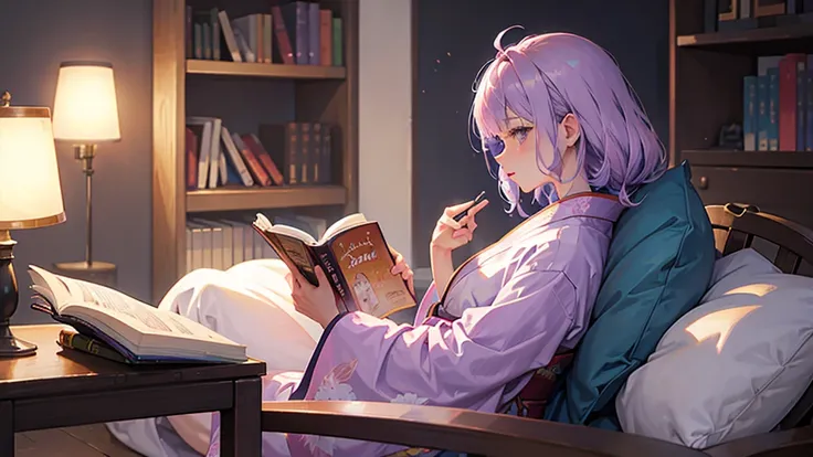 woman　clear　Light purple hair　　kimono　　Anime Style　reading　literature　Study
