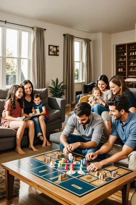 cozy home ,and in the living room of the house, a family of four is playing a board game 