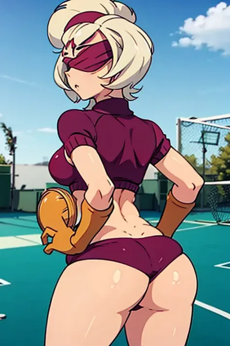 tennis girl in tight mini virgin killer sweater, rear butt cheeks, showing her butt, wearing oven mittens behind head, blindfold

