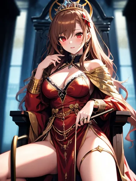 Queen, tiara, Princess, ring:1.5, Golden Staff, Throne of Power, (masterpiece), highest quality, Misaka Mikoto, 1girl, uhd, retina, masterpiece, ccurate, anatomically correct, textured skin, super detail, high details, high quality, best quality, highres, ...