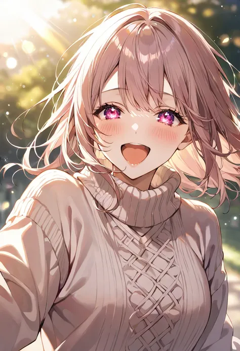 masterpiece, best quality, ultra detailed, sparkling eyes, a girl, cosy sweater on, upper body, (huge Laughing:1.1), (open mouth:1.1), (wide open eyes:1.2), sun glare, bokeh, depth of field, blurry background, light particles, strong wind, (heart particles...