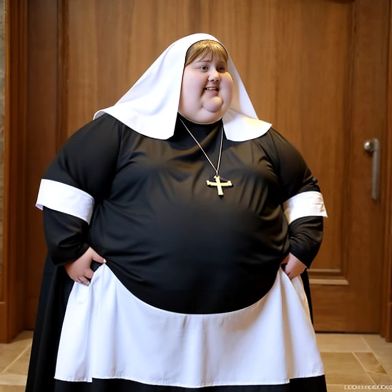 Extremely morbidly obese young adult nun,food stains on the face,((full body picture )), photo