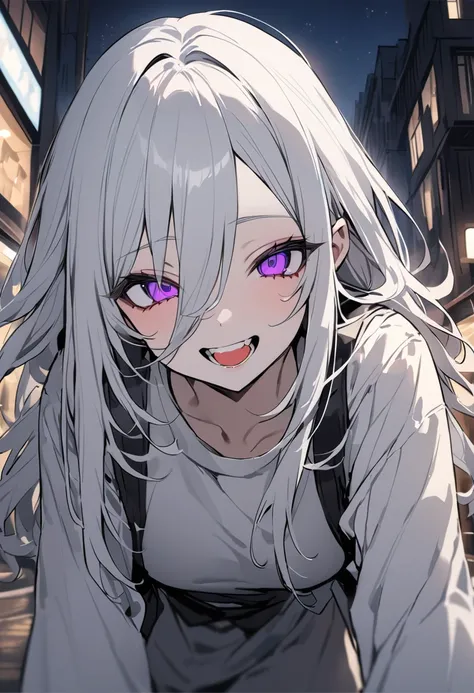 (masterpiece:1.2)、Highest quality、PIXIV、Rebellious girl、One girl、Open your mouth、鋭いteeth、teeth、Long Hair、Street background、Bright purple eyes、eyelash、Upper Body、Characters in clothes、smile、Focus on the viewer、Chest in the center、Black and white hair color,...