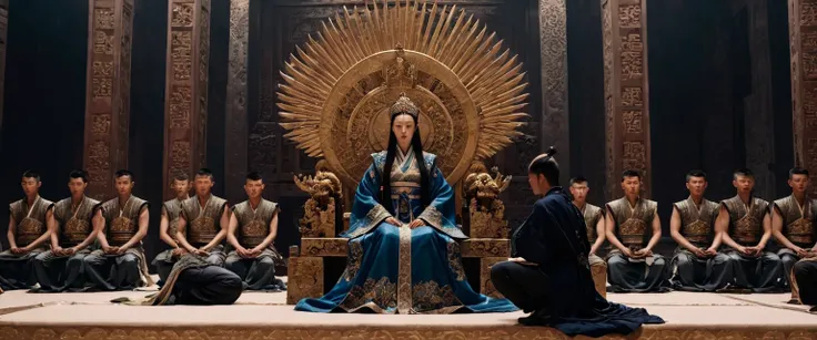 score_9, score_8_up, score_7_up, source_photo, photography, realistic, rating safe, from side, wide shot, viewer is far from her, cinematic angle, ultra detailed, absurdity, 1girl, Wu Zetian, sitting on Throne, hands on knees, looking at boys, long hair, b...