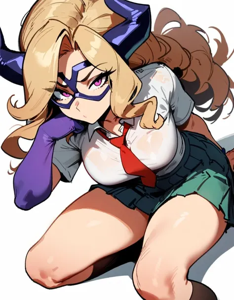 1girl, mount lady, boku no hero academia  masterpiece, best quality, very aesthetic, absurdres, newest  sportive body,    by dodok, nyantcha, cutesexyrobutts, by khyle ///// blonde, purple eyes,  (school uniform:1.2), skirt, , 24 years old, white backgroun...