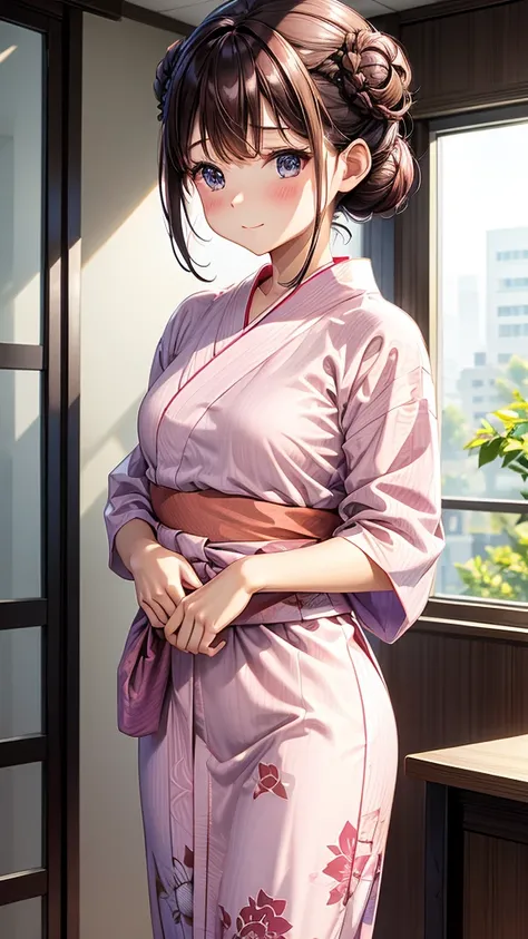 A bun is tied up,hair color brown,Pink yukata with morning glory pattern