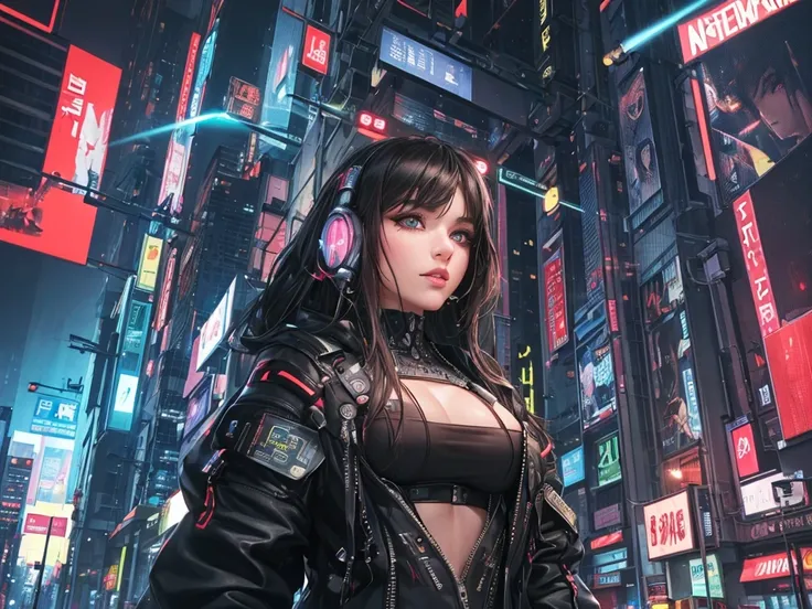 (masterpiece), (best quality), (very detailed), (1 person), (cyberpunk), future city background, detailed eyes, Detailed nose, Detailed lips, perfect face, perfect body, revealing clothing, (((whole body))), placed on the left