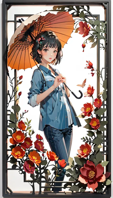 (((paper cutting style))), (frame of illustration is 3D paper cutting: 1.2), (denim and shirts), (black medium hair), (random angle), (random pose), 1 girl, umbrella, flower