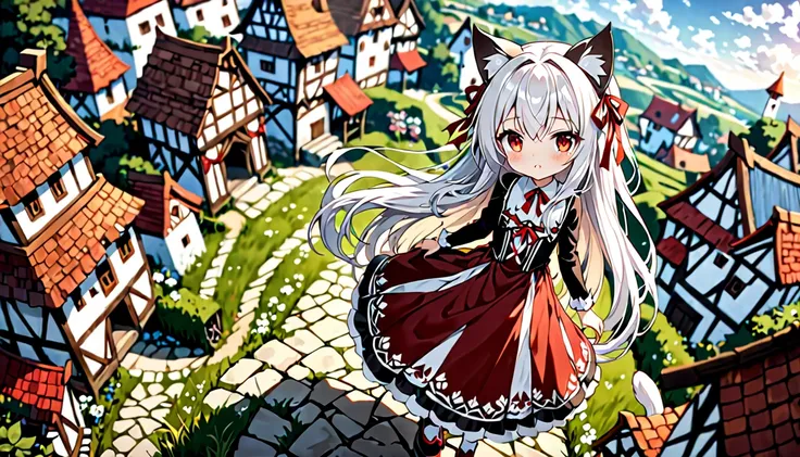 1 girl, masterpiece, best quality, Amazing, beautiful detailed eyes, finely detailed, depth of field, extremely detailed CG unity 8k wallpaper, full body, white hair, cat girl, loli, ghotic dress, red ribbon, (animal ears, cat ears, cat tail), village, red...