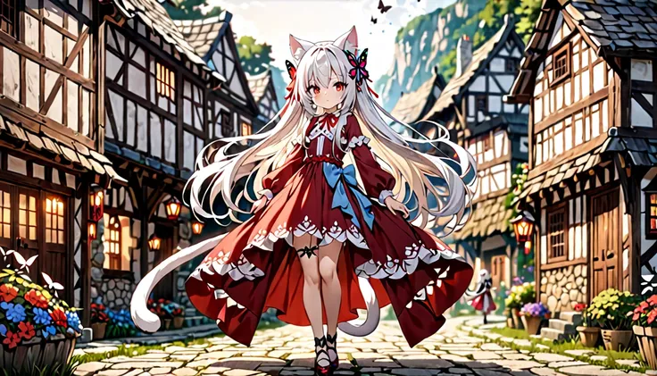 1 girl, masterpiece, best quality, Amazing, beautiful detailed eyes, finely detailed, depth of field, extremely detailed CG unity 8k wallpaper, full body, white hair, cat girl, loli, ghotic dress, red ribbon, (animal ears, cat ears, cat tail), village, red...