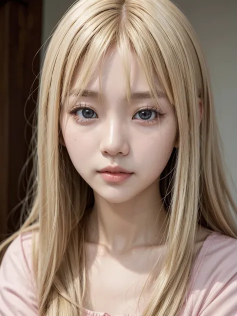 kawaii blonde asian girl, with a pink blouse, Korean girl with long blond strands, rosto angelical