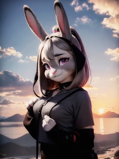 Highest quality,
masterpiece,
Ultra-realistic,
Super detailed,
Beautiful details,
4K，8K，upper,
pixar,
Photo realistic,
Close-Up Shot,
Background is ((Magnificent mountain)), ((at dusk)),
Realistic lighting,
hiking woman, 

((Anthropomorphic rabbit)),
Detai...