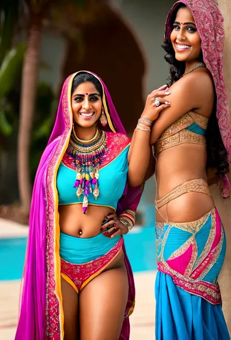 Beautiful indian woman, curvy, hijab, colorful bikini, smiling
