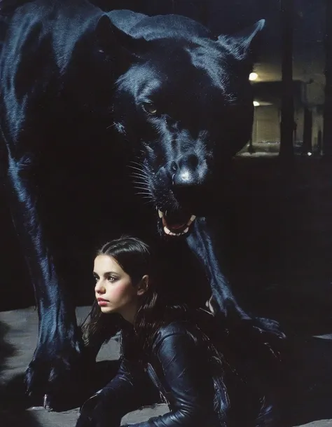 girl sits near giant black panther on new york street at night