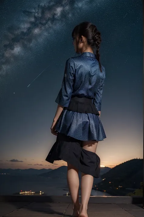 masterpiece, best quality, 1 Girl, Solitary, guizhong_Genshin Impact, default_skirt, From the back, Starry sky print, Sleeves that cover the wrists, barefoot 