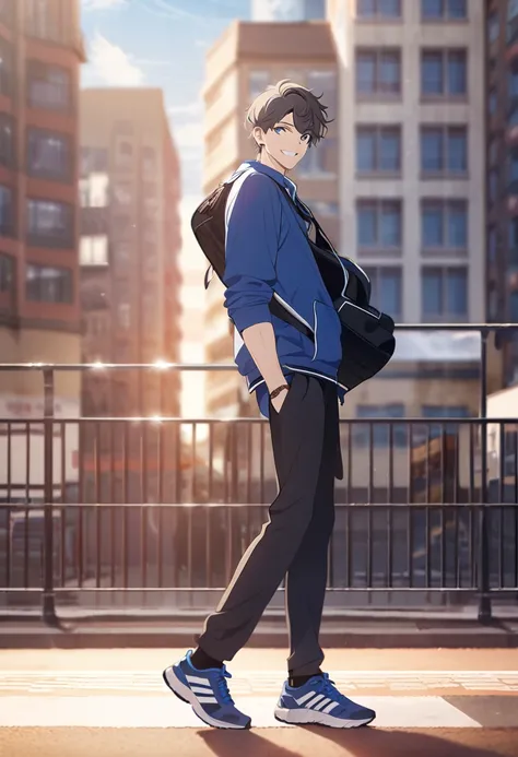 masterpiece,best quality,depth of field,8K,looking at the viewer,running shoes,dark gray hair,blue eyes,man,hands in pockets,smiling,alone,Handsome,(charismatic 눈 1:1),wseifuku,blue achive,wearing,city,man,With a sports bag slung over your shoulder,charism...