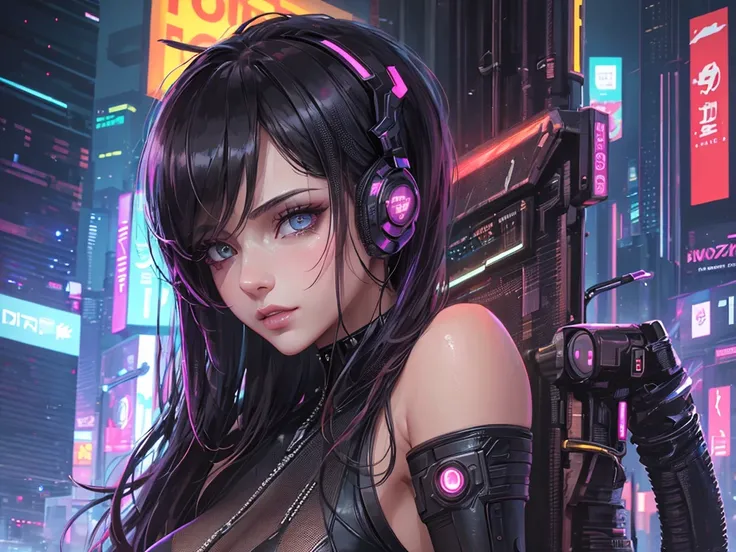 (masterpiece), (best quality), (very detailed), (1 person), (cyberpunk), future city background, detailed eyes, Detailed nose, Detailed lips, perfect face, perfect body, revealing clothing, (((whole body))), placed on the left