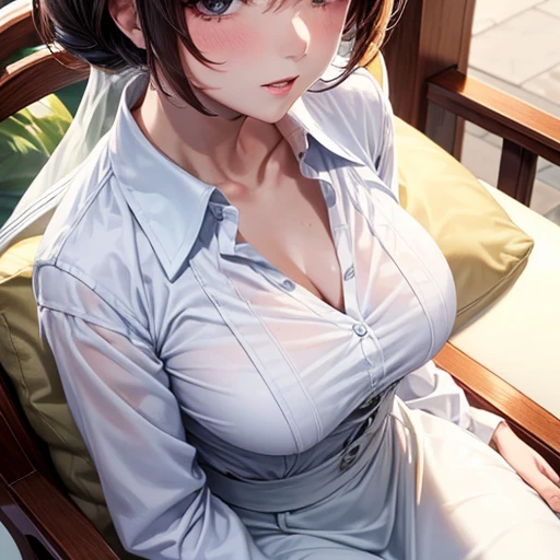 Close-up of a woman in a white blouse sitting on a chair, Gorgeous Young Korean Woman, White clothes are very transparent, Chest visible