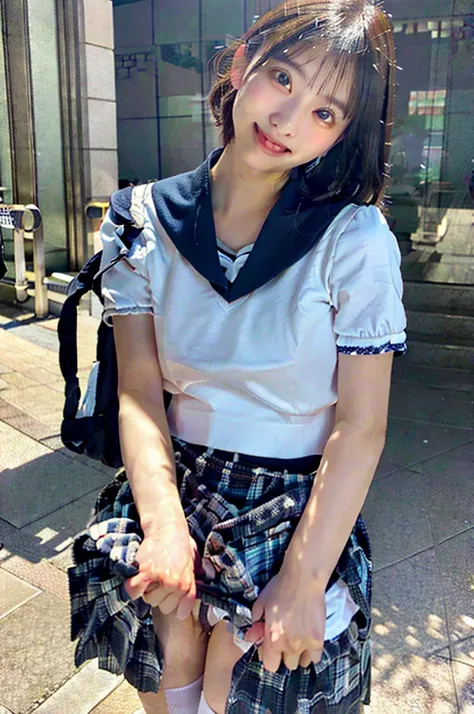 Very detailed、masterpiece、Highest quality、Ultra-high resolution、8K High Resolution、Photogenic transparency、Detailed eyes、Gradation、Perfect anatomical figure ,hard disk、Hmph , Nikon Z9 80mm Lens , Tabletop、Street in front of Tokyo Station、Standing model、shi...