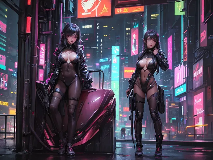 (masterpiece), (best quality), (very detailed), (1 person), (cyberpunk), future city background, detailed eyes, Detailed nose, Detailed lips, perfect face, perfect body, revealing clothing, (((whole body))), placed on the left