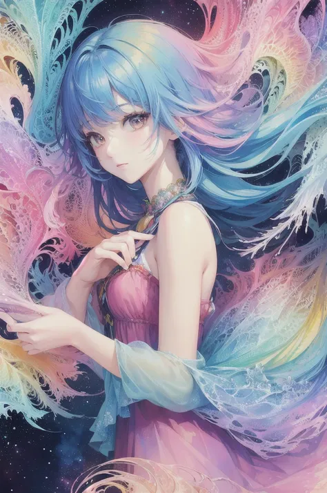 (masterpiece, top quality, best quality,watercolor (medium),official art, beautiful and aesthetic:1.2),(1girl:1.3), (fractal art:1.3),upper body, from side, looking at viewer,patterns,(rainbow color Hair,colorful hair,half blue and half pink hair:1.2),wate...