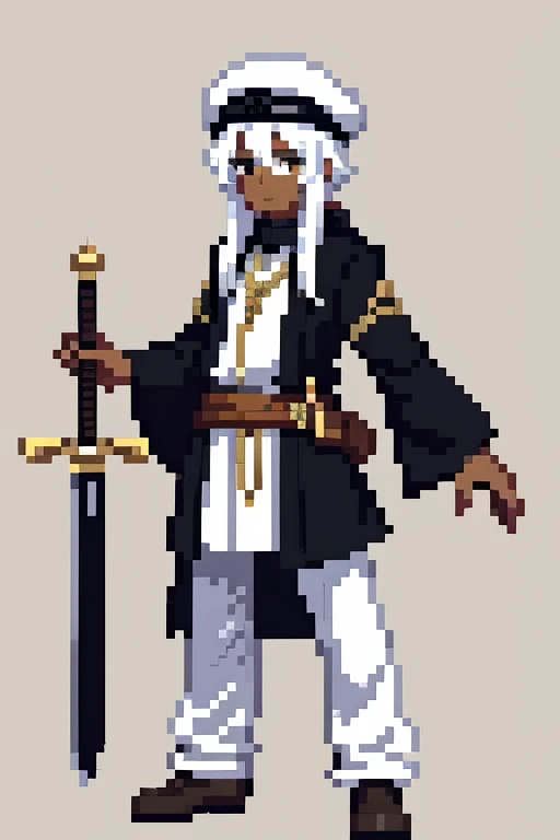 1 boy, long white hair, sword, Arab, turban hat, brown skin, full body, black clothing