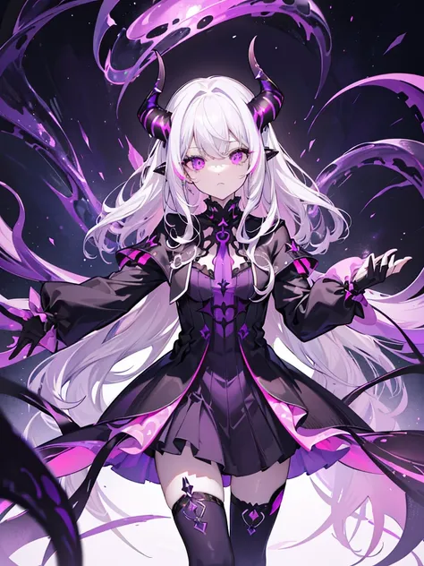 absurdres, ((high-resolution)), ultra detailed, vivid colors, abyssal goddess, dark skin, horns, white hair, ((medium hair:1.2))...