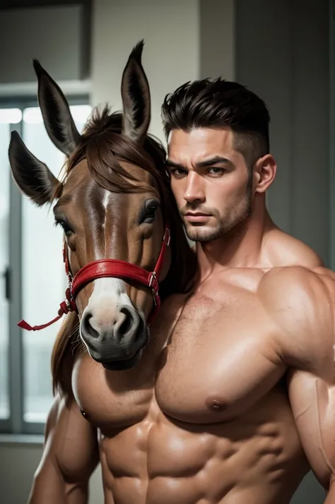 Muscular man with donkey head. Your whole body is red